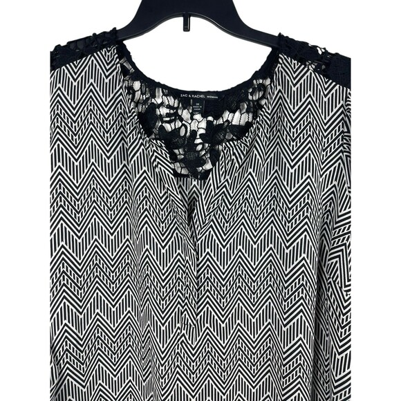 Zac & Rachel Woman 3X Black White Chevron Lace Detail Roll Tab Sleeve Sheer Top - Picture 5 of 12